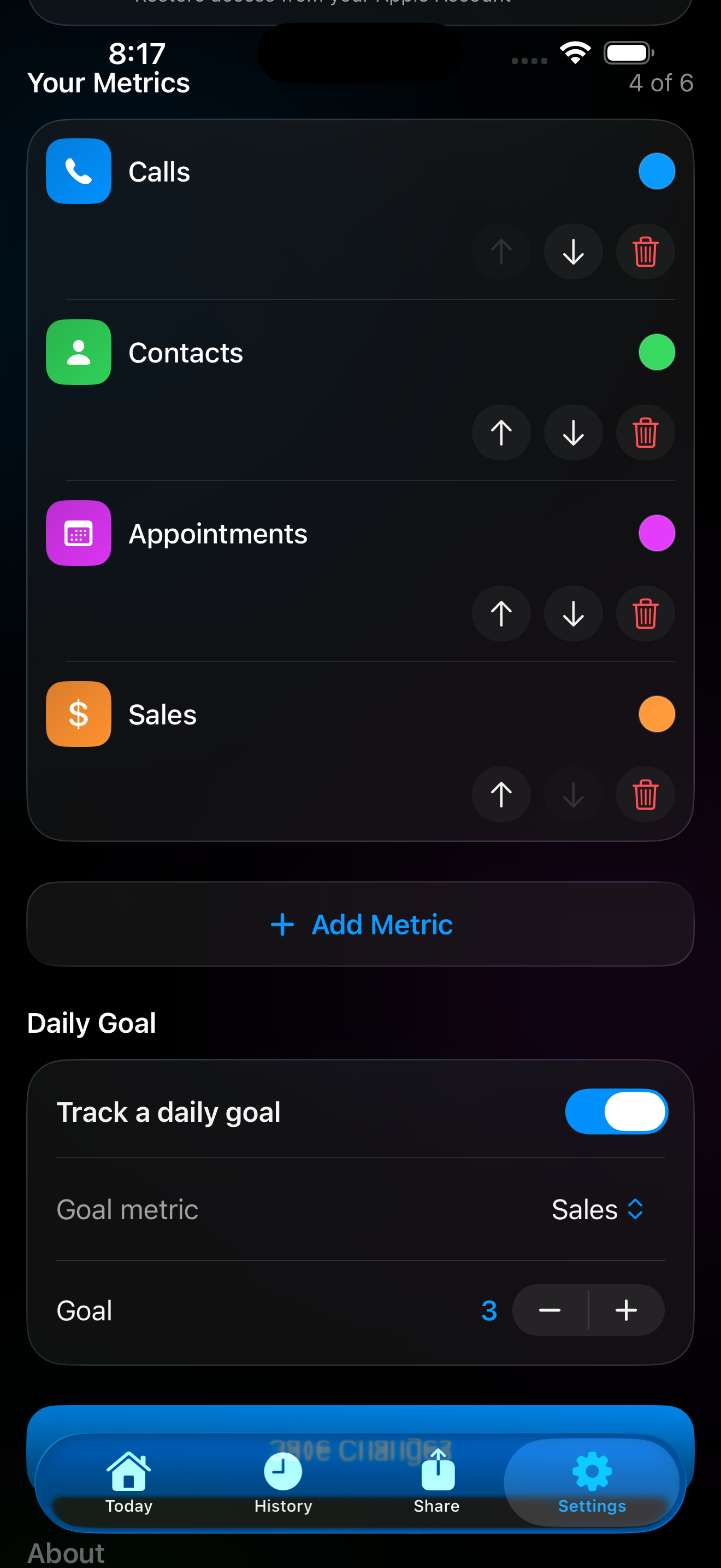 FieldScore customizable metrics screen